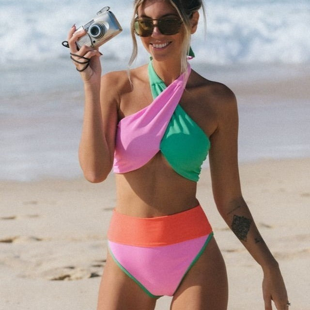 Striking color-block cross high-waist bikinis