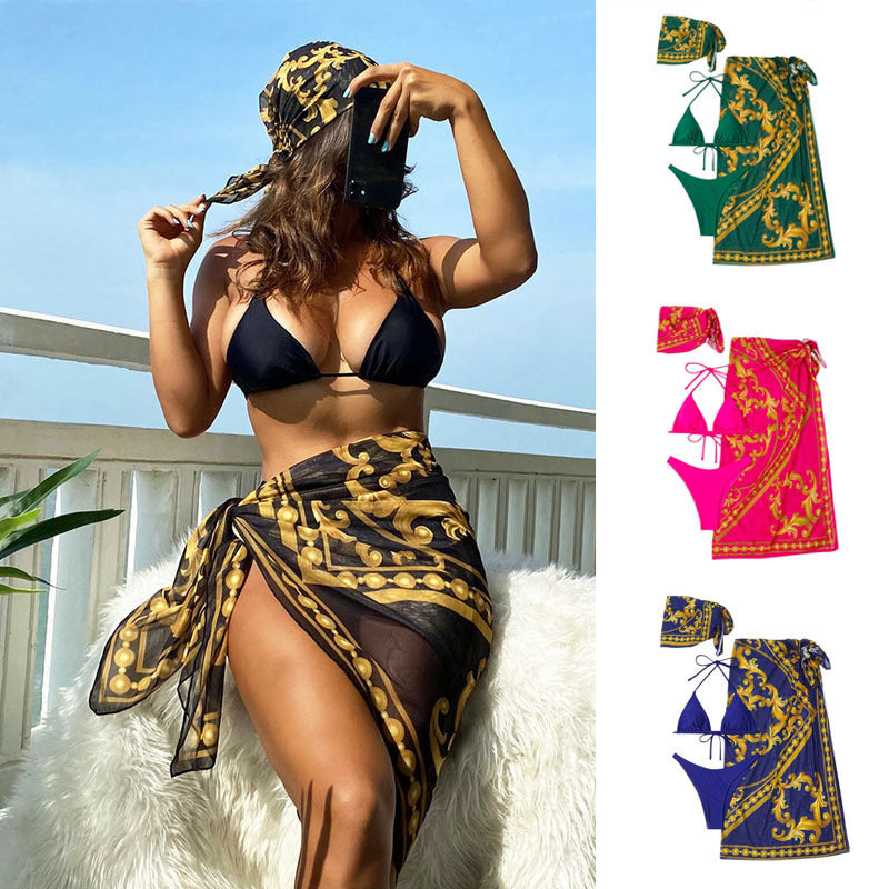 Vintage print lace-up three-piece bikini sets