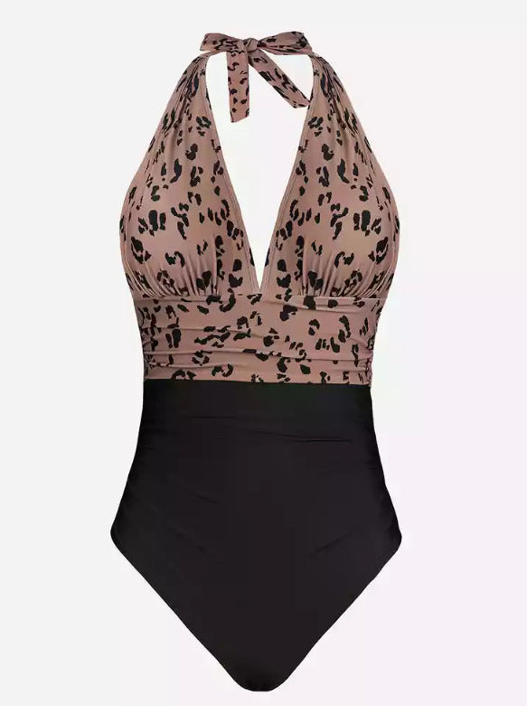 Lace-up neck deep V open-back one-piece bikinis