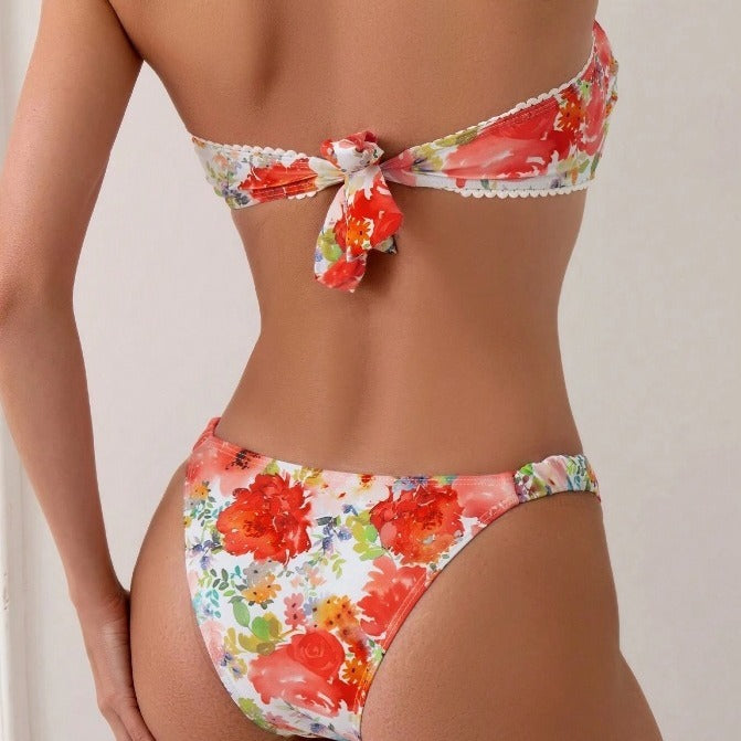 Enchanting shell-print backless split bikinis