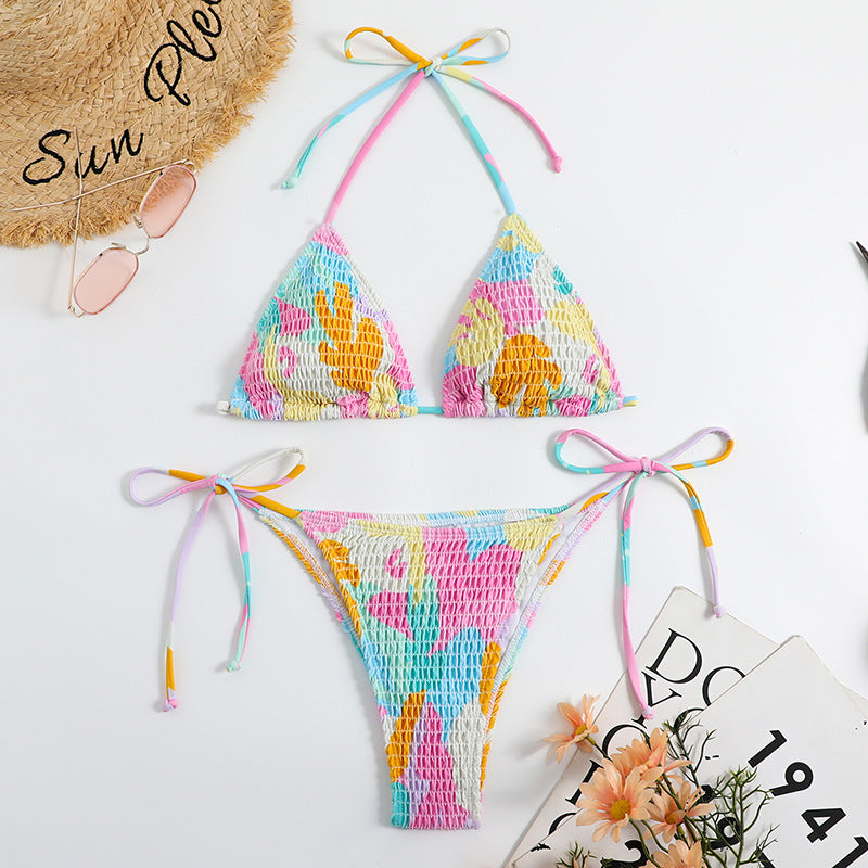 Playful printed smocked split triangle bikinis