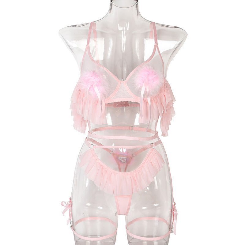 Pompon pleated skirts see-through mesh sets