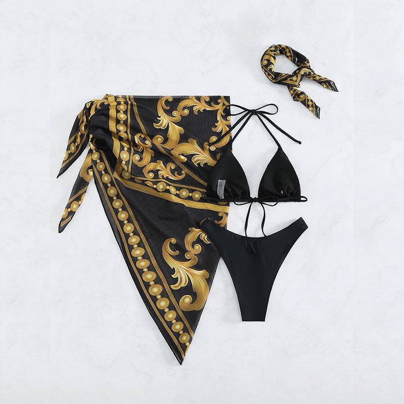 Vintage print lace-up three-piece bikini sets