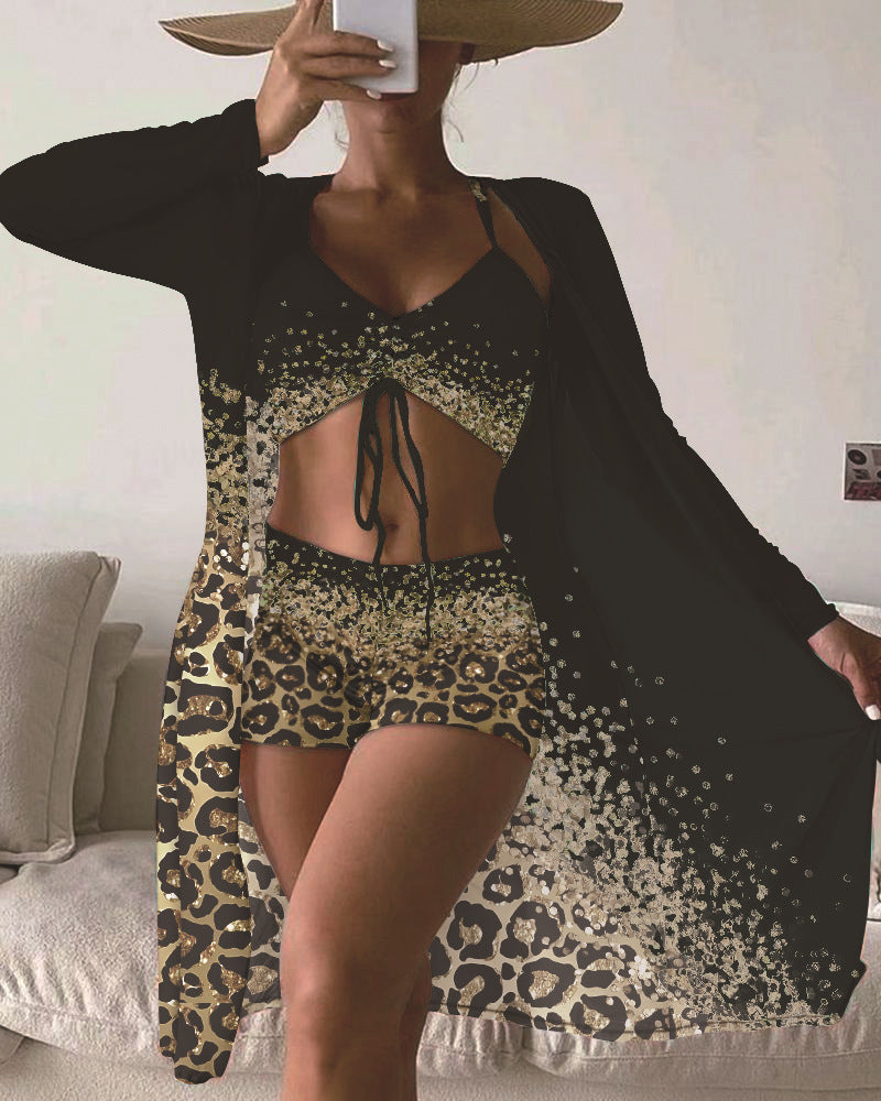 Flirty mesh outerwear color-contrast three-piece bikinis