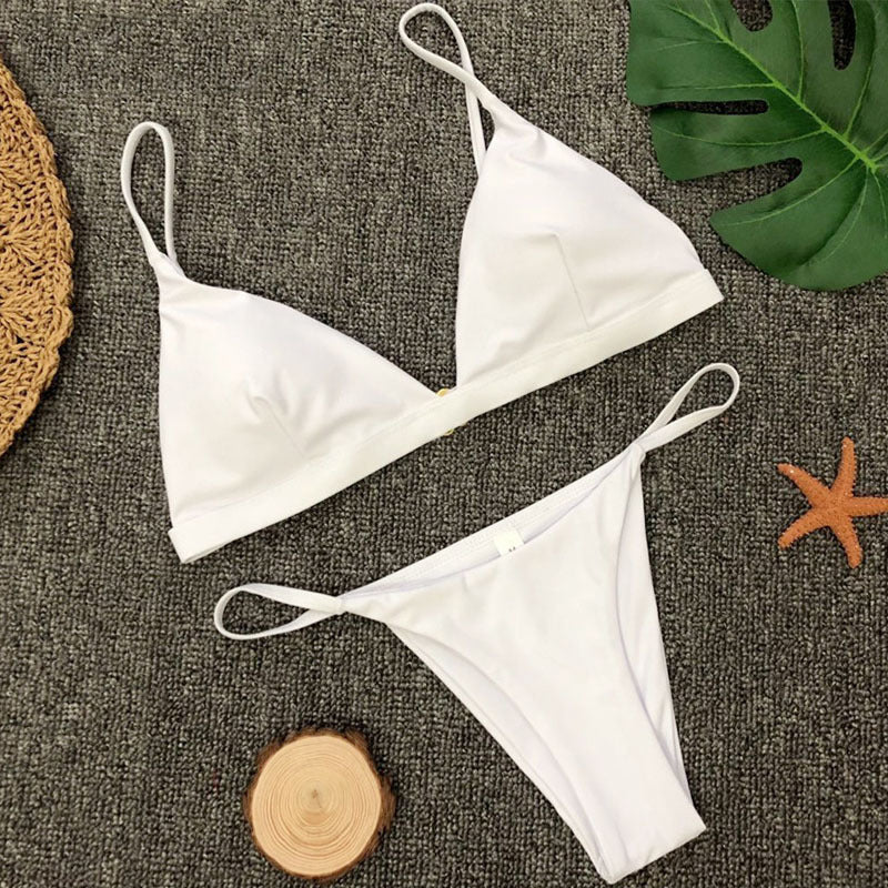 Solid color gathered V-back split bikini sets
