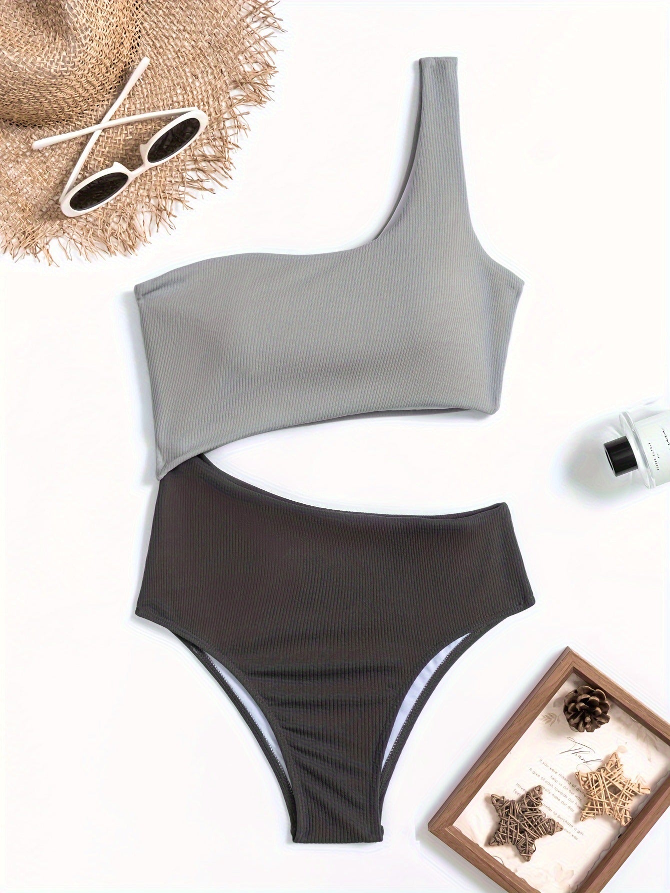 Vibrant color-matched one-shoulder bikinis