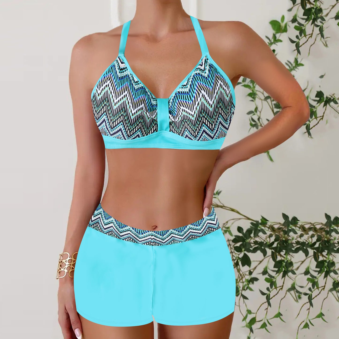Boxer halter slimming printed bikini sets