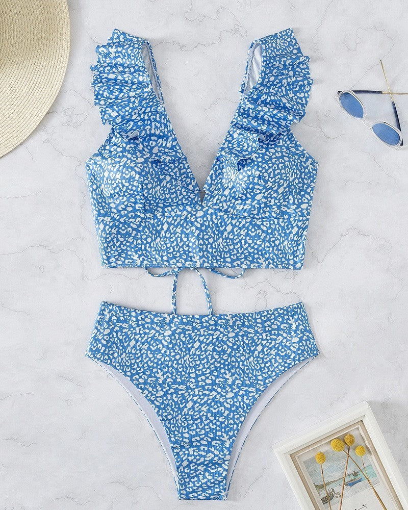 Flirty flounced V-neck high-waist split bikinis