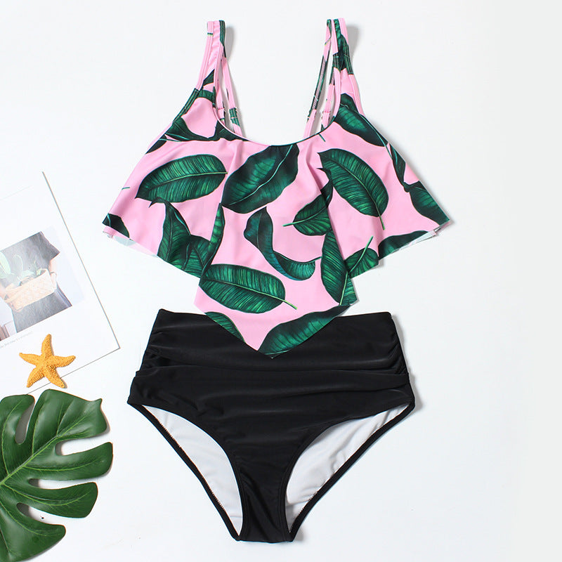 Printed high-waist ruffled split bikini sets