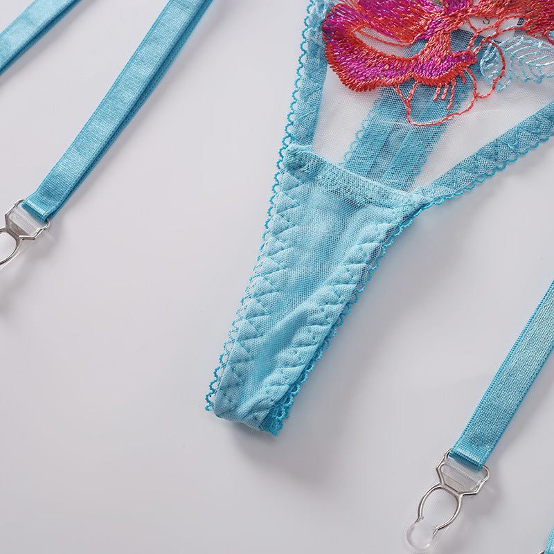 Multicolor embroidered mesh shaping lingerie sets