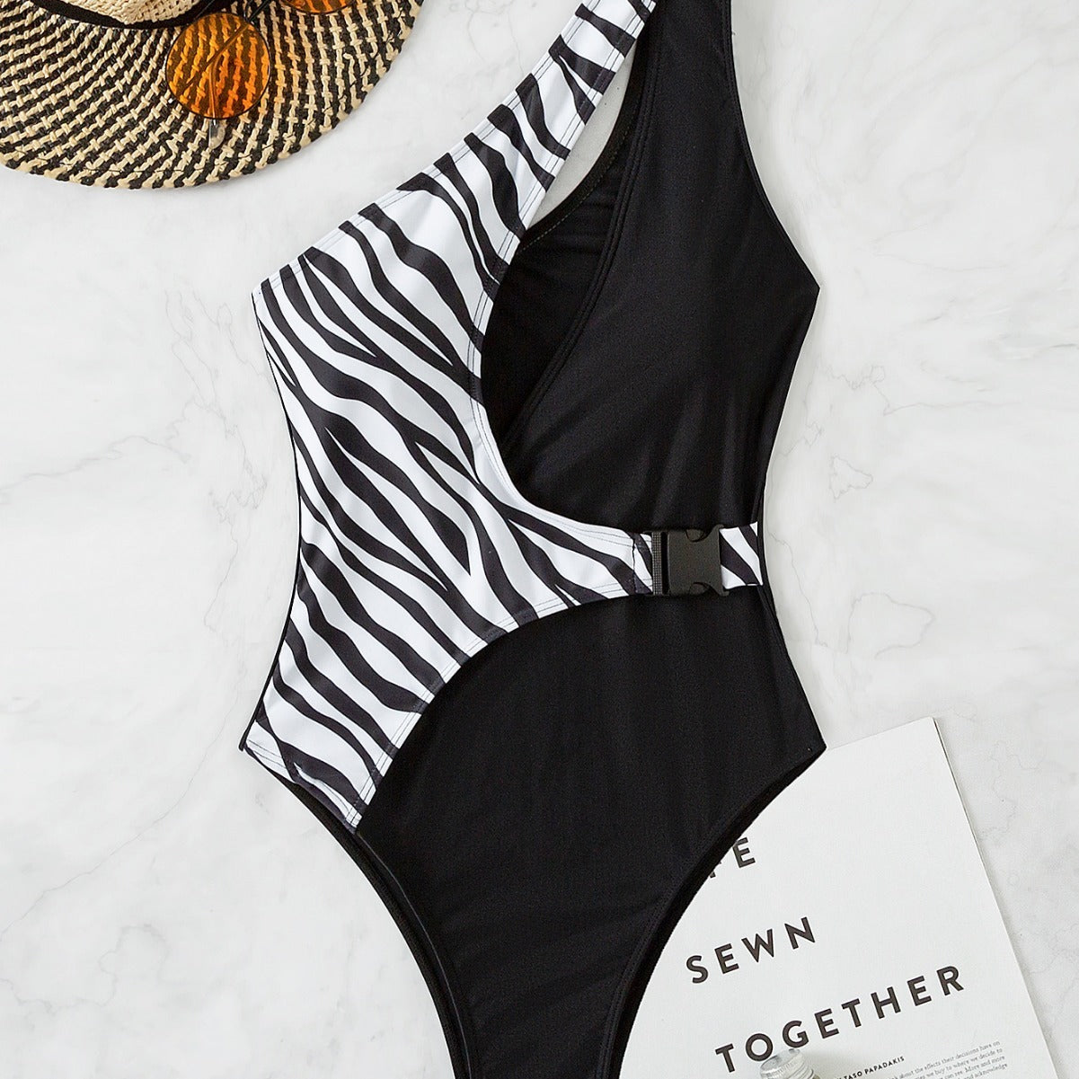 Single shoulder zebra patchwork bikini sets