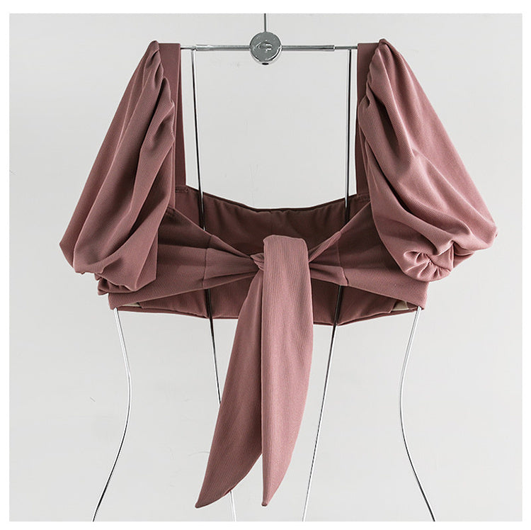 Bubble sleeve lace-up bow split bikini sets